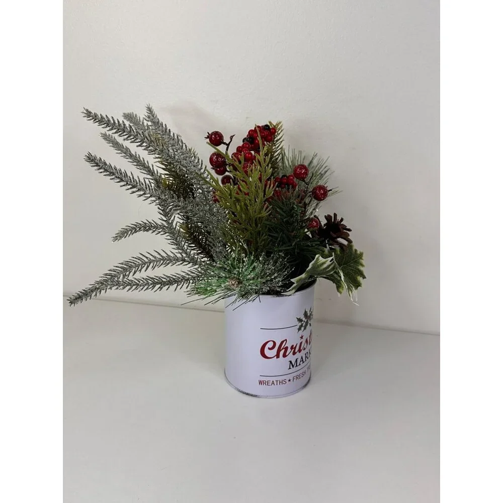 Artificial Christmas Arrangement In White Christmas Market Tin For Holiday Decor